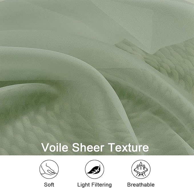 Sage Green Sheer Curtains, Sheer Curtains 96 inches Long 2 Panels Set, Rod - Image 3