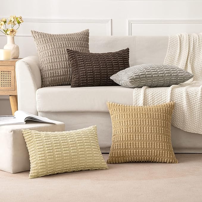 MIULEE Corduroy Decorative Throw Pillow Covers 16x16 Beige Pack of 2 | Soft - Image 2