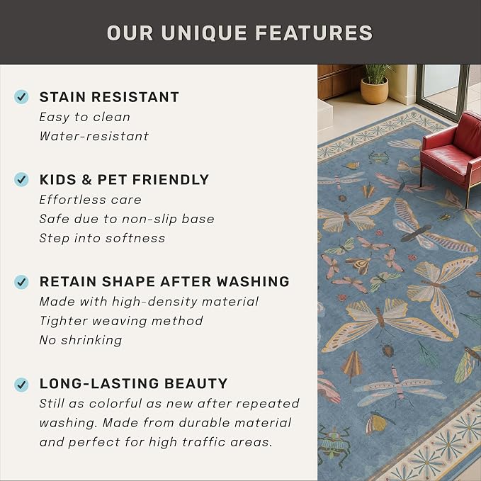 Vintage Blue Insect Hallway Runner Rug 3x8 Long, Non Slip Washable Carpet - Image 6