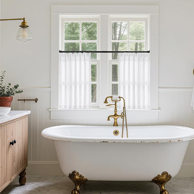 Pinch Pleated White 36 Inch Length Kitchen Curtains 2 Panels Set | Linen Blend - Image 7