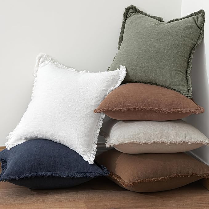MIULEE Linen Fringe Decorative Fall Euro Pillow Covers Dark Coffee 22x22 | Set - Image 5
