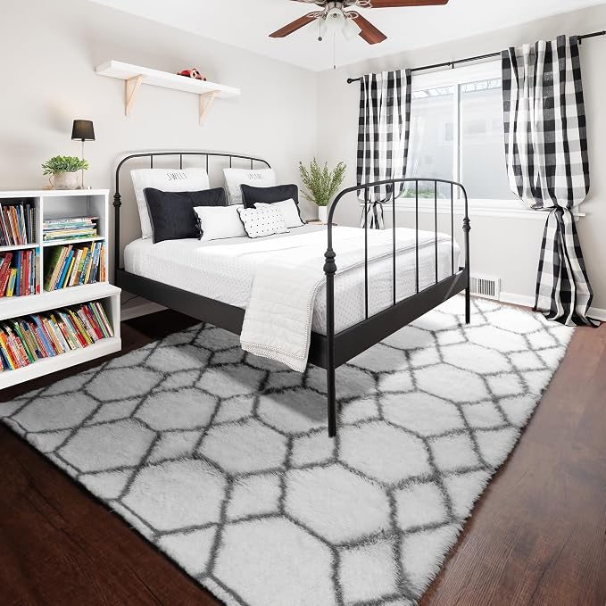 8x10 Area Rugs for Living Room, Fluffy White and Grey Geometric Bedroom Rug | - Image 6