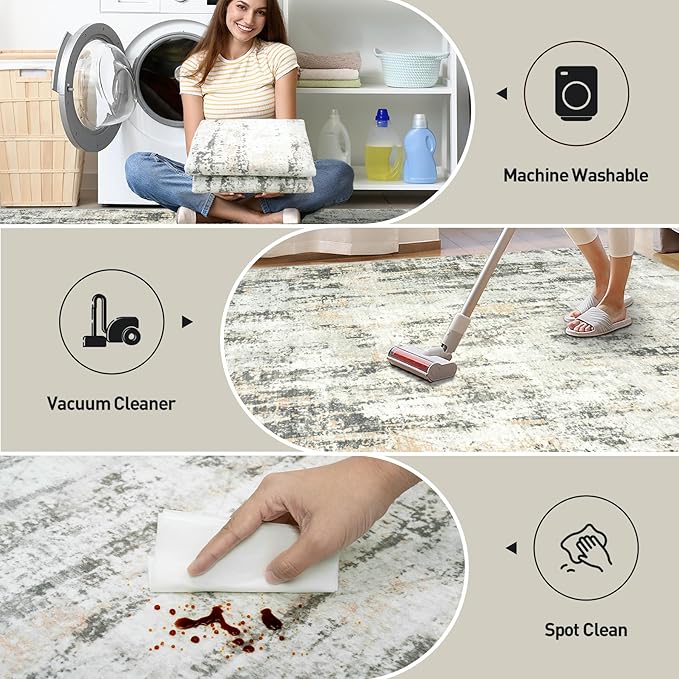 8x10 Area Rugs for Living Room: Washable Abstract Grey Brown Badroom Carpet | - Image 5