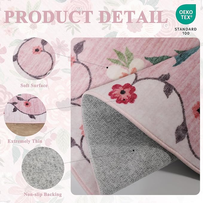 DUKINO 2x6 Runner Rug for Hallway, Washable Kitchen Rugs Non Slip, Floral - Image 4