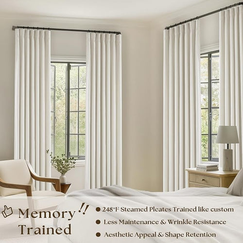 90 Inch Pinch Pleated Linen 100% Blackout Curtains 2 Panels Cream Natural | - Image 2