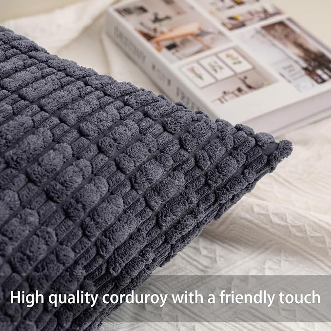 Pack of 2 Corduroy Decorative Throw Pillow Covers 18x18 Inch, Dark Grey | Fall - Image 2