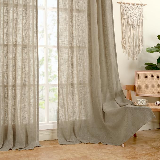 Taupe Sheer Linen Curtains 2 Panels Set Light Filtering Panels | Semi Sheer - Image 9
