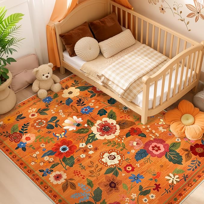 RELEANY Floral Washable 8x10 Area Rugs BurntOrange | Flower Carpet Print Boho - Image 6