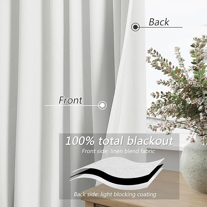 White 100% Blackout Linen Curtains 52 Inch Wide by 66 Inch - Image 3