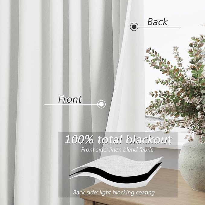 White 100% Blackout Linen Curtains 52 Inch Wide by 124 Inch - Image 3
