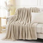 Khaki Throw Blanket for Couch Sofa 90x90 inches Striped Design | Fleece - Image 4