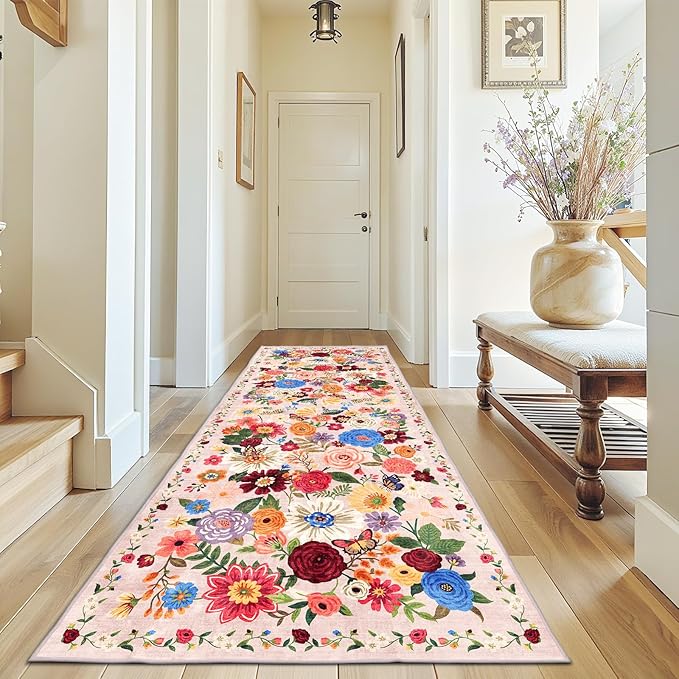 Blush Floral Hallway Runner Rug 3x7 by WelcometoBabovid