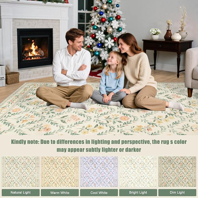PLHXFR Area Rug Living Room: 5x7 Floral Washable Boho Carpet Beige Multi | - Image 9