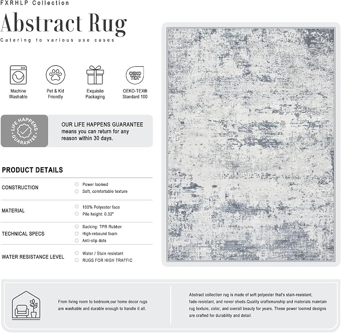 Round Area Rug Living Room: 4 ft Modern Washable Indoor Carpet | - Image 3