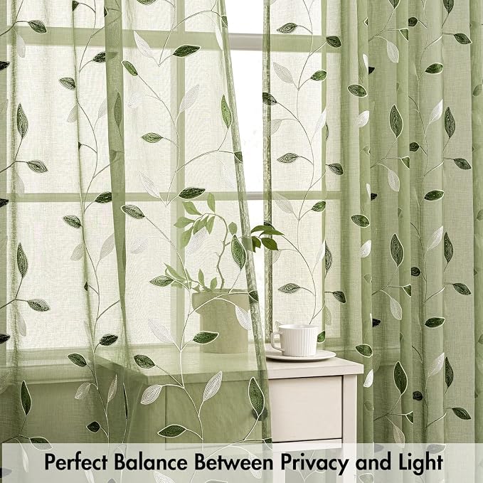 MIULEE Sage Green Sheer Curtains 2 Panels Leaf Patterned, W30 x L30 | - Image 5