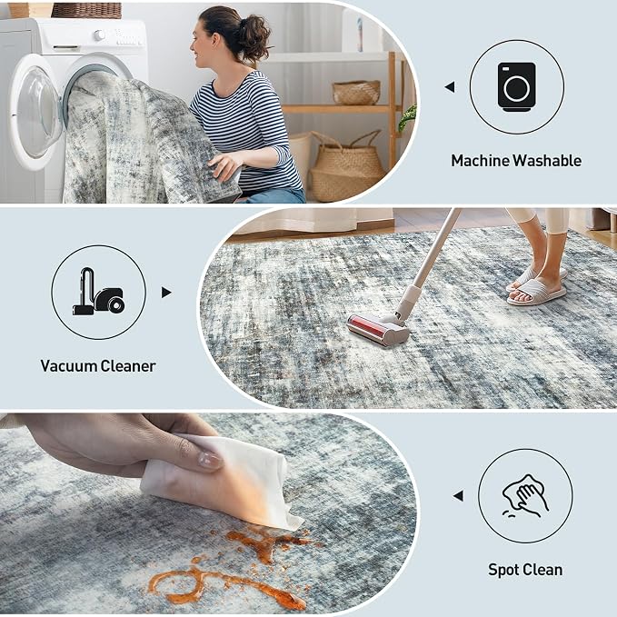 8x10 Area Rugs for Living Room: Washable Abstract Blue Multi Badroom Carpet | - Image 4