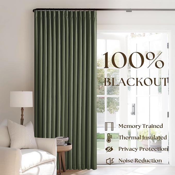 Olive Green Pleated Linen Blackout 102 Inch Curtains - Image 3