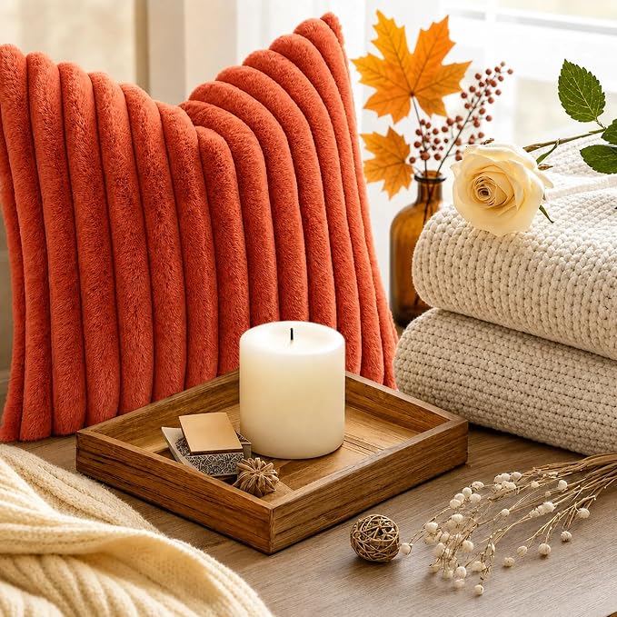 decorUhome Fall Faux Fur Throw Pillow Covers 18x18 Set of 2 Rust | Decorative - Image 8