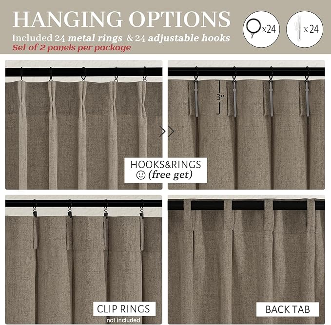 Pinch Pleated Light Filtering Dark Flax 60 Inch Wide Curtains 96 Inches Long - Image 5