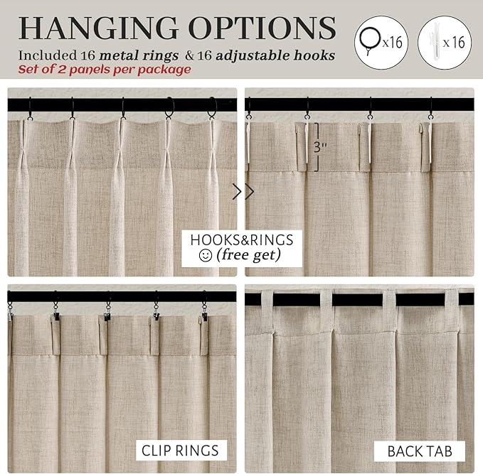 Natural Pinch Pleated Linen Curtains 92 Inches Long 2 Panels Set - Image 4