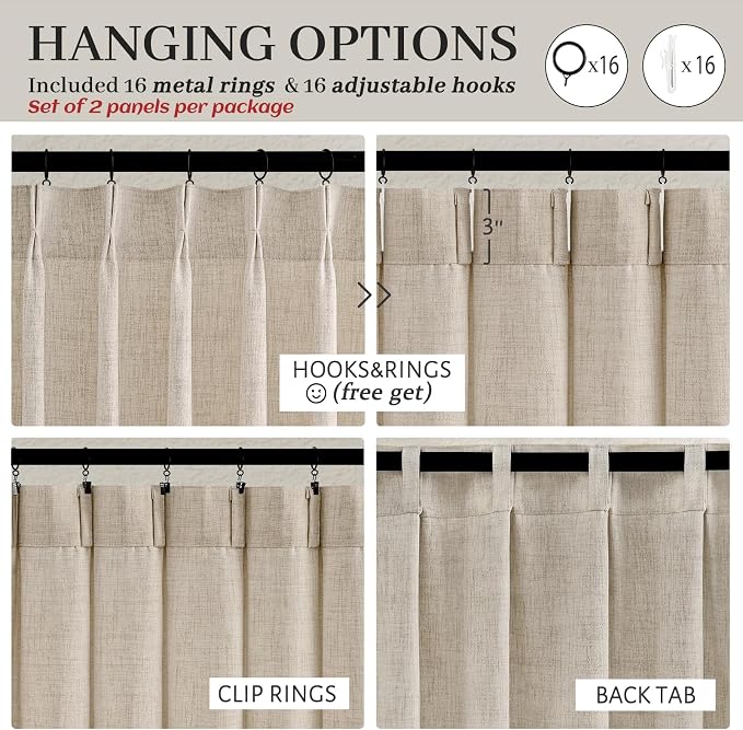 Extra Long 132 Inch Pinch Pleated Natural Linen Curtains - Image 4