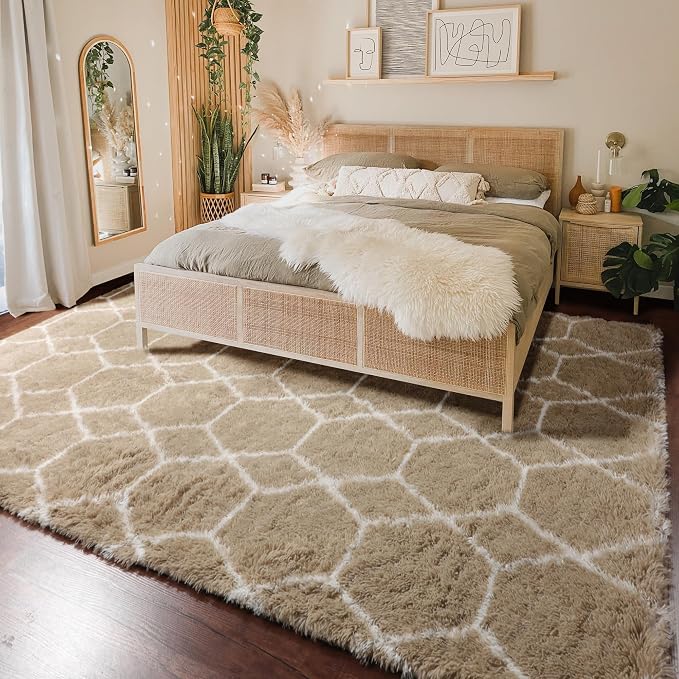 6x9 Area Rugs for Living Room Bedroom, Fluffy Beige and White Geometric Rug | - Image 6