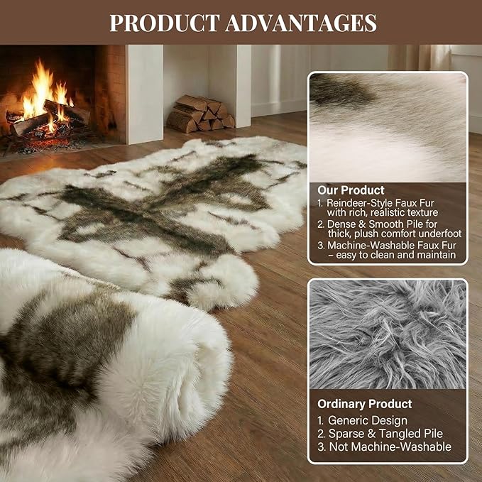 Reindeer Pattern Faux Fur Area Rug, 6.7'x2.3' Plush Machine Washable Runner - Image 5