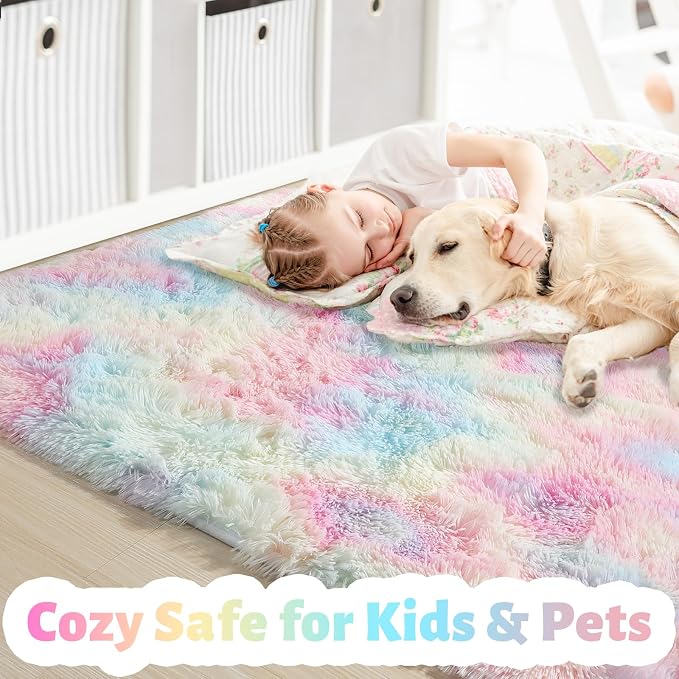Amdrebio Rainbow Unicorn Pastel Fluffy Small Area Rug 3x5 - Image 2