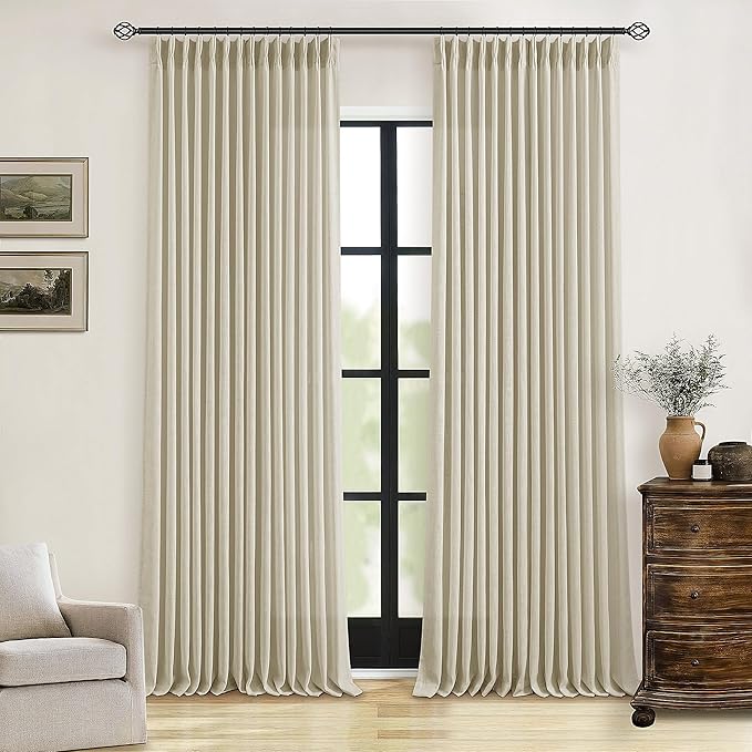 90 Inch Beige Flax Linen Curtains Pinch Pleated 2 Panels Set | Memory Training by Twodrapes