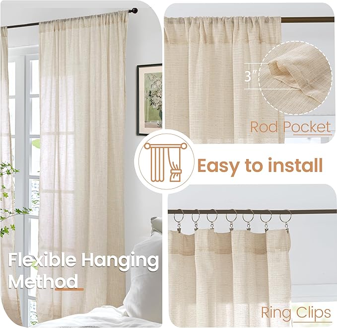 BGment Tan Linen Curtains 84 Inch Length 2 Panels Burlap Semi Sheer Drapes | - Image 6
