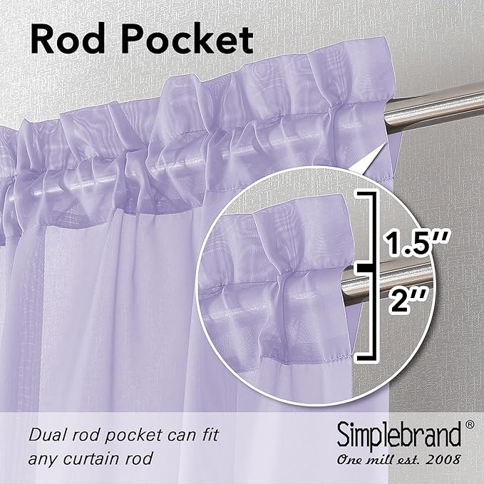 Simplebrand Lavender Sheer Curtains 63 Inch Length 2 Panels, Rod Pocket Solid - Image 2