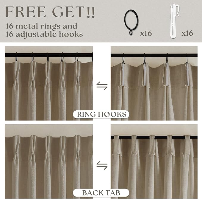 Neutral Pinch Pleated 96 Inch Greige Light Filtering Flax Linen Curtains | Flax - Image 5