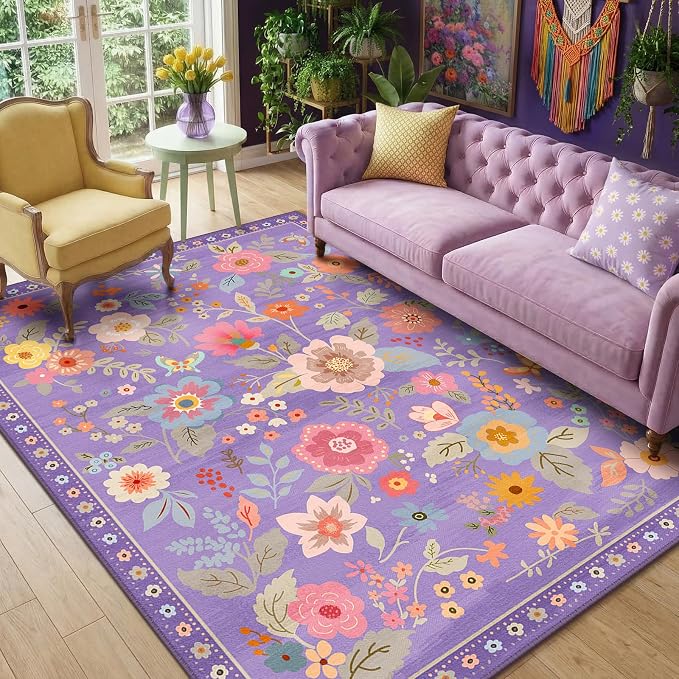 RELEANY Floral Washable 5x8 Area Rugs Purple/Pink | Flower Carpet Print Boho by RELEANY