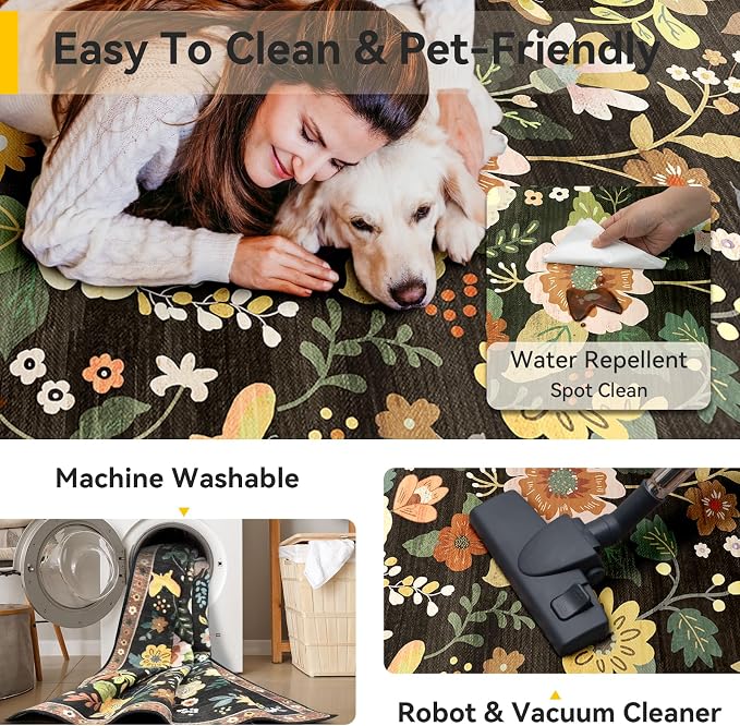 RELEANY Floral Washable 4x6 Area Rugs Black/Yellow | Flower Carpet Print Boho - Image 5