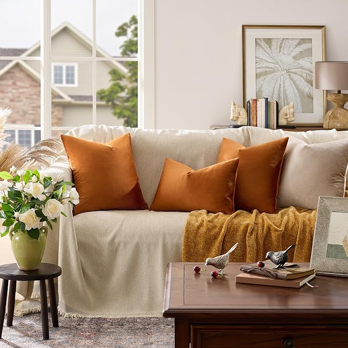 GIGIZAZA Burnt Orange Velvet Throw Pillow Covers 16x16 Pack of 2 | Decorative - Image 6