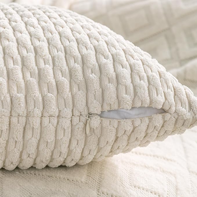 Set of 4 Grey White Taupe Decorative Throw Pillow Covers 26x26 Inch Corduroy - Image 4