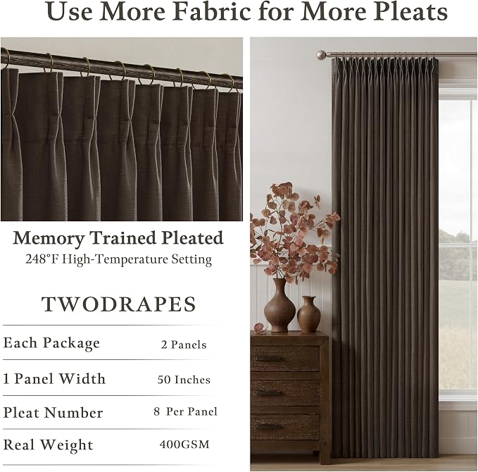 Pinch Pleated Dark Brown Light Filtering Flax Linen Curtains 96 Inches Long | - Image 5