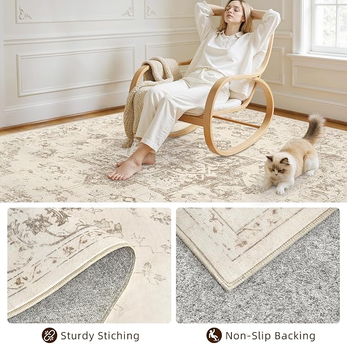4x6 Area Rugs Living Room: Bedroom Washable Carpet Beige/Ivory | Vintage Boho - Image 4