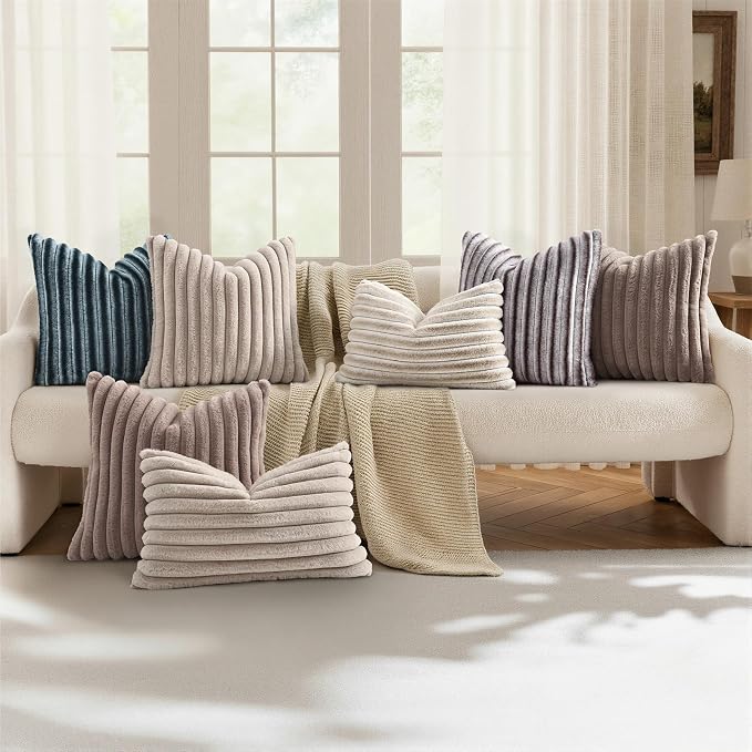 decorUhome Fall Faux Fur Throw Pillow Covers 18x18 Set of 2 Beige White | - Image 5