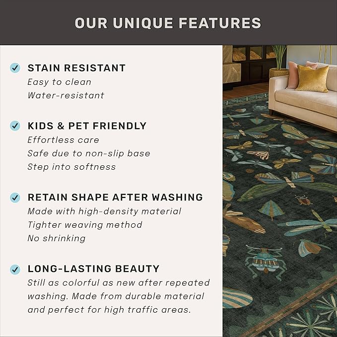 Dark Green Rug for Entryway Indoor- 3x6 Large Washable Kitchen Rug, Non Slip - Image 7