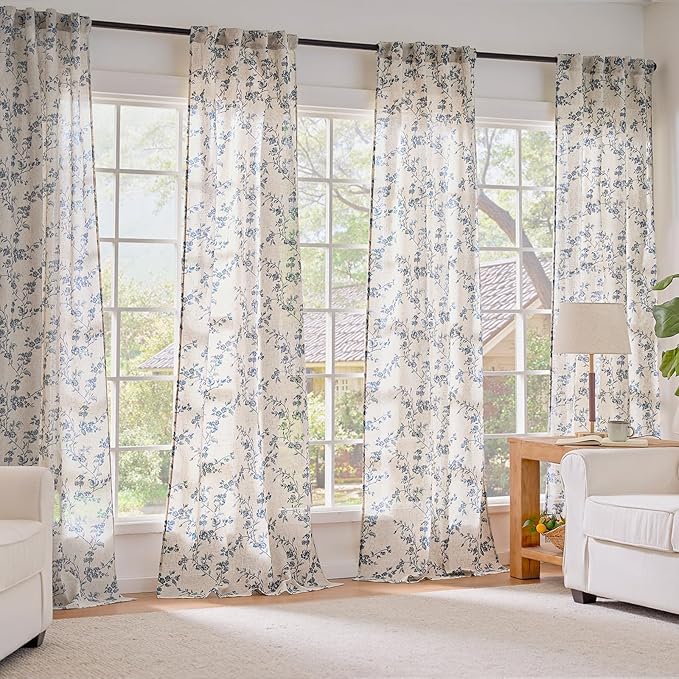 Extra Long Blue Vintage Floral Linen Curtains Farmhouse 2 Panels | Elisa Series - Image 7