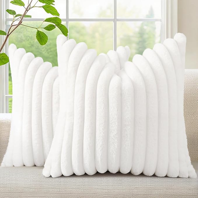decorUhome Fall Faux Fur Throw Pillow Covers 22x22 Set of 2 White | Decorative by decorUhome
