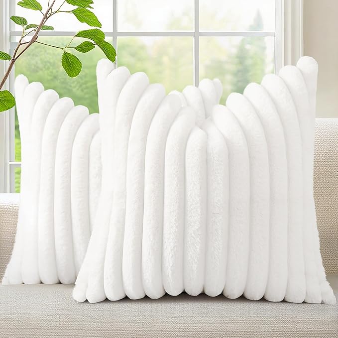 decorUhome Fall Faux Fur Throw Pillow Covers 24x24 Set of 2 White | Decorative by decorUhome