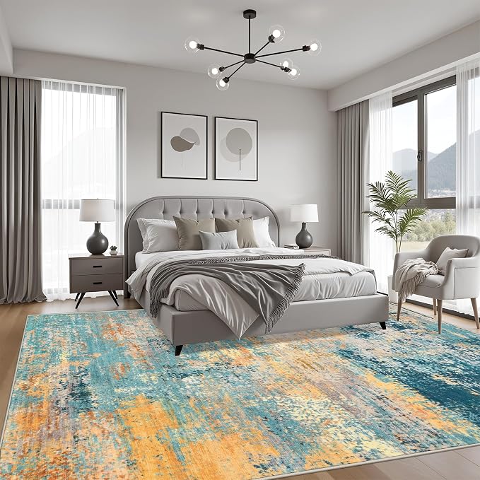 10x12 Area Rug Living Room: Modern Washable Soft Carpet Rosy Haze | - Image 3