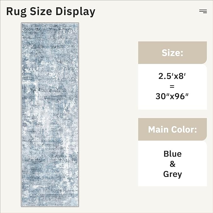 Soalmost Runner Rug 2'6"x8' Kitchen Hallway Runners Abstract Blue/Grey | - Image 5