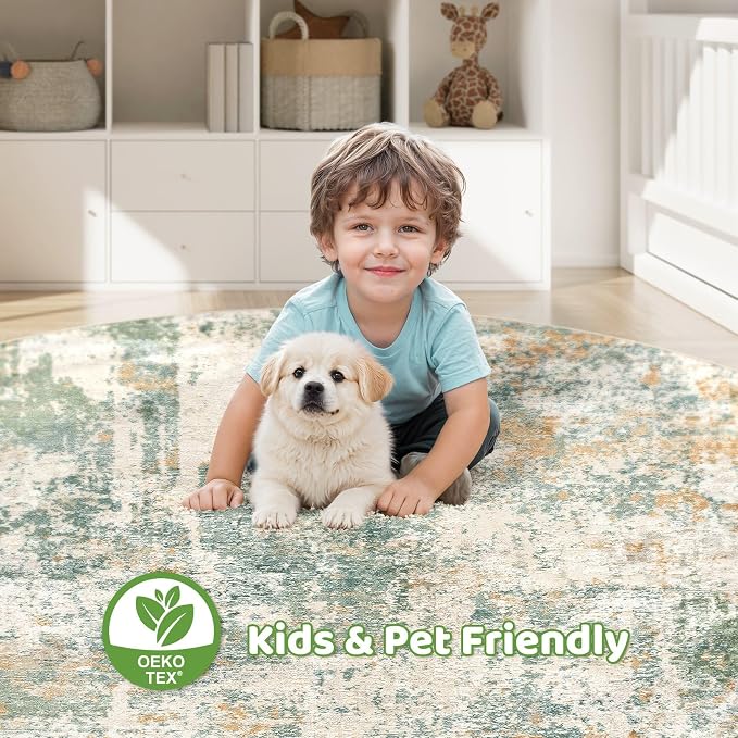 LOONGRUG Round Rug 8x8 Washable Large Neutral Modern Circle Rugs Green | - Image 6
