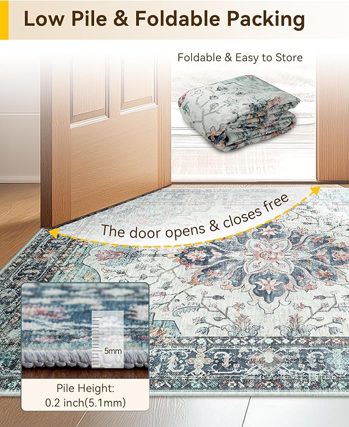 RELEANY Washable Area Rug, Small 2'6"x4', Teal Green/White/Navy | Non-Slip - Image 5