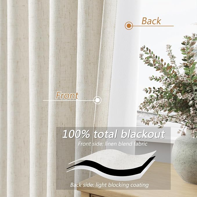 100% Blackout Linen Curtains for Bedroom 72 Inches Long Natural Cream Black Out - Image 3