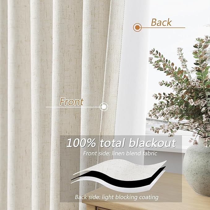 100% Blackout Linen Curtains for Bedroom 63 Inches Long Natural Cream Black Out - Image 3