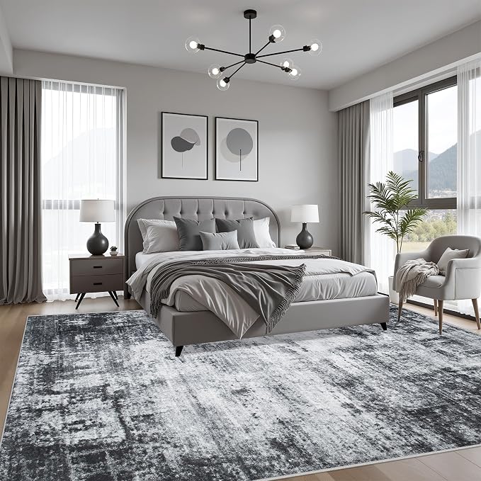10x14 Area Rug Living Room: Modern Washable Soft Carpet Dark Black | - Image 3